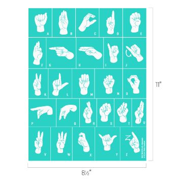 Show details for ASL Alphabet A chart showing the American Sign Language (ASL) alphabet with letters A to Z. Each letter is represented by a hand gesture on a teal background.