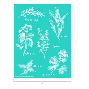 Show details for Kitchen Herbs Illustration of herbs including rosemary, basil, mint, thyme, sage, and cilantro sketched in white on a teal background. The display shows dimensions: 11 inches tall and 8.5 inches wide.