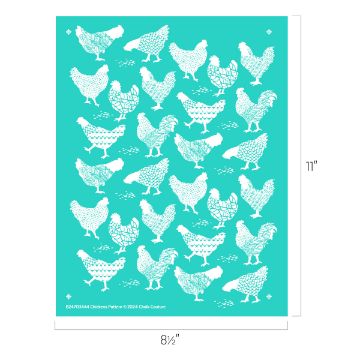Show details for Chickens Pattern Teal rectangular pattern featuring various white chicken silhouettes in different poses. The graphic includes dimensions: 8.5 inches wide and 11 inches high. Design credited to Chalk Couture, 2024.