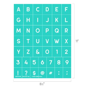 Show details for Sans Serif Type A turquoise sheet measuring 8.5 by 11 inches featuring alphabet letters A-Z, numbers 0-9, and special characters such as &, @, #, $, !, ;, and ?. Each character is displayed in a sans-serif font.