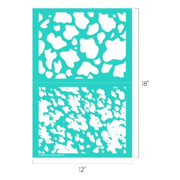 Show details for Cow Print A turquoise stencil sheet featuring two abstract animal print patterns, each in a rectangular shape. The sheet measures 18 inches by 12 inches. The top pattern consists of larger irregular shapes, while the bottom has smaller, more intricate shapes.