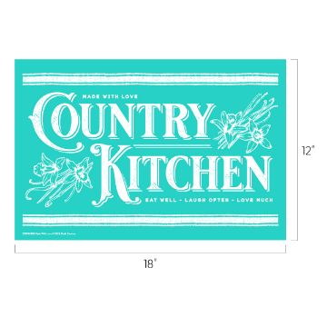 Show details for Made With Love A turquoise sign with vintage-style white lettering that reads "Country Kitchen" adorned with floral illustrations. The text "Made with Love" and "Eat Well - Laugh Often - Love Much" is also included. Dimensions are shown as 18" by 12".