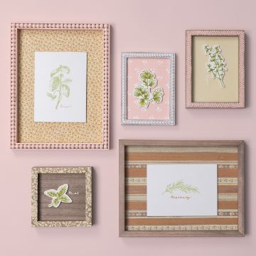 Show details for Kitchen Herbs A collection of framed botanical illustrations against a pink wall. The frames vary in size and color, featuring herbs like basil, mint, and rosemary, with decorative backgrounds that include floral and striped patterns.