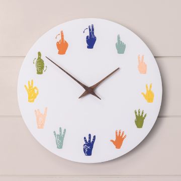 Show details for ASL Numbers A round wall clock with a white face displays colorful hand symbols instead of numbers. Each hour position features a unique hand gesture in bright colors like orange, green, blue, and yellow. The clock has simple brown hour and minute hands.