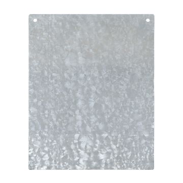 Show details for Galvanized Metal Sign (8½" x 11") A rectangular piece of textured, galvanized metal with two small holes at the top corners. The surface has a pattern of mottled, silver-gray tones, giving a rugged and industrial appearance.