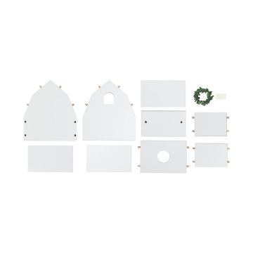 Show details for Country Barn Reusable Surface Flat lay of gingerbread house pieces, including two arched roof sections, four rectangular walls, a circular base piece, a small green wreath decoration, and a small white rectangle, all on a white background.