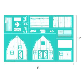 Show details for Country Barn An 18x12 inch teal template features rustic barn and flag designs. Includes various shapes and patterns like planks, flags, tools, a maple leaf, and text boxes. Perfect for crafting or decoration projects.