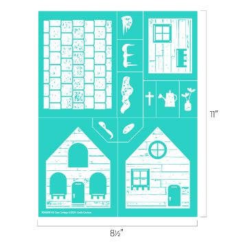 Show details for Cozy Cottage Instructions for creating a model cottage are shown, including templates for walls, roofs, windows, doors, and paths. The design features brick and wood textures with dimensions labeled as 8.5 by 11 inches.