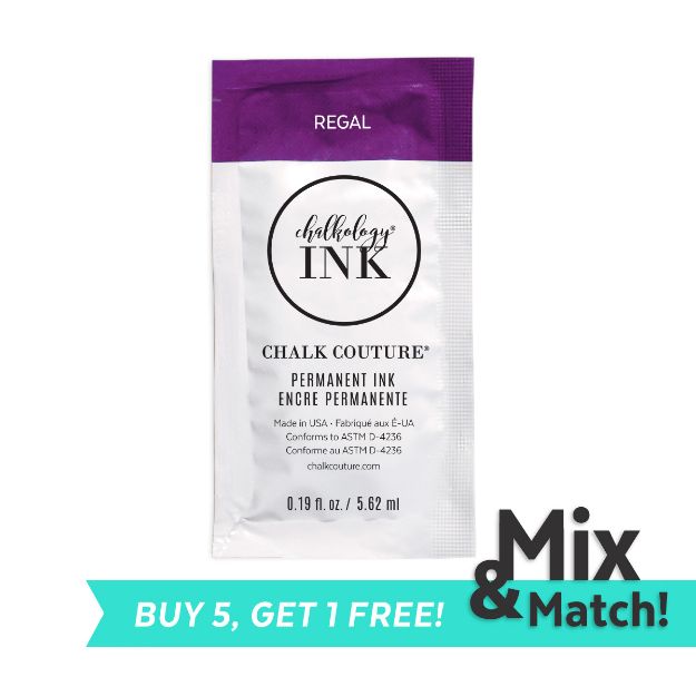 Image of a packet labeled "Chalkology Ink" in "Regal" color. Text: "Chalk Couture Permanent Ink." Promotion banner at the bottom reads "Mix & Match! BUY 5, GET 1 FREE!" on a teal band.