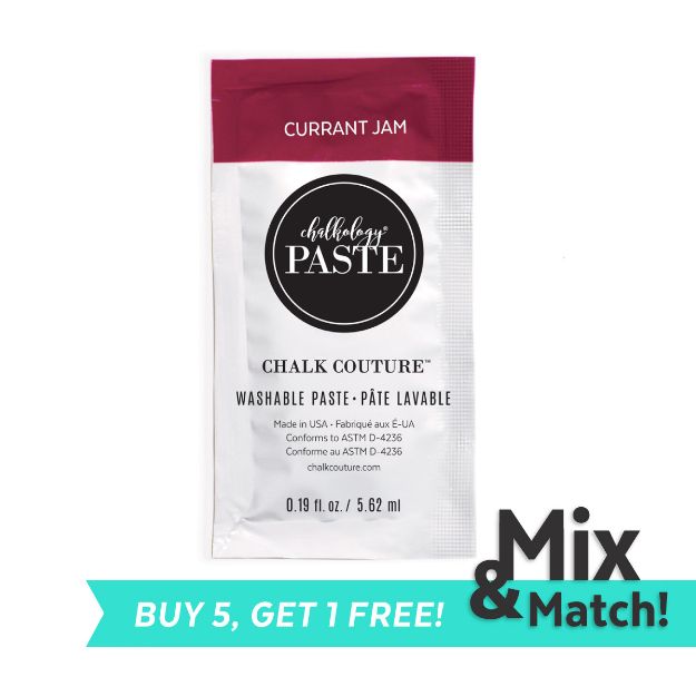 Image of a packet of Chalk Couture's Currant Jam washable paste, 0.19 fl oz. The package is white with a maroon top. A "Buy 5, Get 1 Free" Mix & Match offer is highlighted in a teal banner at the bottom.