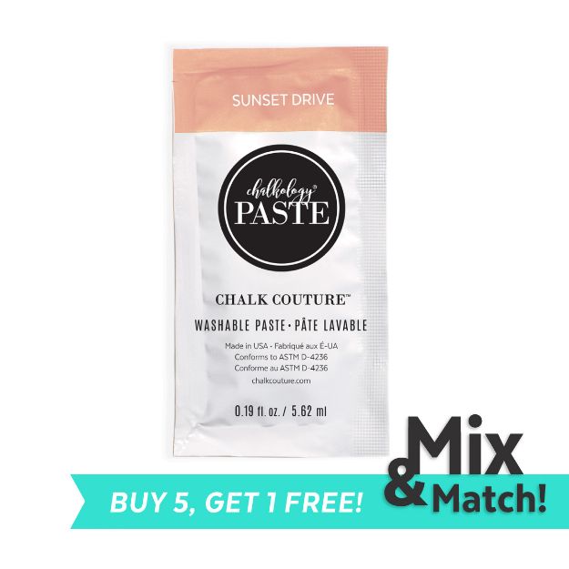 A packet of Chalk Couture washable paste in "Sunset Drive" color. The lower part of the image has a "BUY 5, GET 1 FREE! Mix & Match!" offer text.
