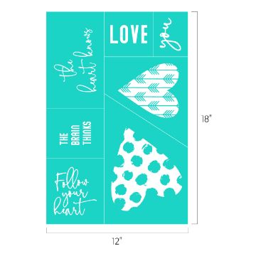 Show details for The Heart Knows A teal graphic featuring hearts and text. Top right: "LOVE you" in white. Middle left: "the heart knows" in cursive. Bottom left: "the brain thinks" and "Follow your heart" in script. Two patterned hearts fill the right side. Dimensions: 12" x 18".