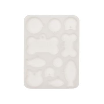 Show details for Pet Tag Mold A white silicone mold with multiple cavities in different shapes, including circles, a bone, fish, and other abstract forms. The mold is designed for creating various shaped items such as candies or mini cakes.