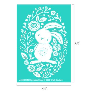 Show details for Storybook Bunny Cute white outline of a bunny surrounded by flowers and leaves on a turquoise background. Text at the bottom includes dimensions and copyright information for Chalk Couture.