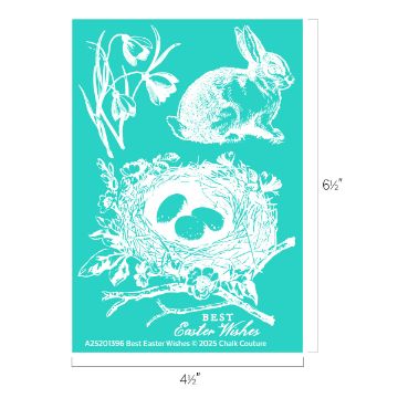 Show details for Best Easter Wishes Illustration featuring a rabbit, nest with eggs, snowdrop flowers, and blossoms on a teal background. Text reads "Best Easter Wishes" with dimensions 4½" x 6½".