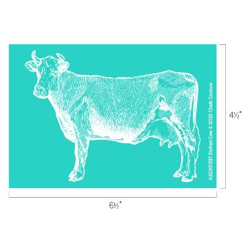 Show details for Etched Cow A white etching of a cow on a turquoise background, with dimensions marked: 4½ inches tall and 6½ inches wide. The text "Etched Cow © 2025 Chalk Couture" is displayed alongside the cow.