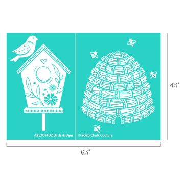 Show details for Birds & Bees Illustration featuring a birdhouse with floral decorations and a bird perched on top, next to a woven beehive with three bees flying around. The image dimensions are 6 1/2 inches by 4 1/2 inches.