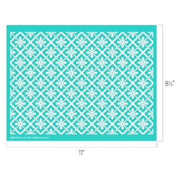 Show details for Moroccan Style An intricate turquoise rectangular stencil with a repeating floral and geometric pattern. The dimensions are marked as 11 inches wide and 8.5 inches tall.