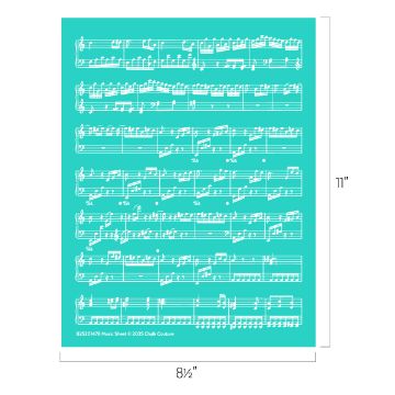 Show details for Music Sheet Sheet music with multiple staves and musical notes printed in white on a turquoise background. The dimensions are labeled as 8.5 inches by 11 inches.