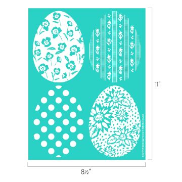 Show details for Easter Egg Patterns A turquoise sheet with four egg-shaped designs: top-left has small flowers, top-right has vertical stripes and flowers, bottom-left has polka dots, and bottom-right features large flowers and dots. Dimensions are 8.5" by 11".