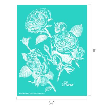 Show details for Etched Rose White etched illustration of a blooming rose branch with leaves on a teal background. Dimensions are shown as 8.5 inches wide and 11 inches tall. The word "Rose" is elegantly written in the bottom right corner.