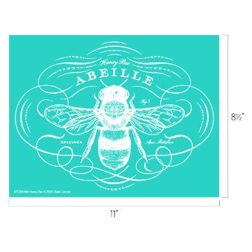 Show details for Honey Bee Turquoise background with a detailed white illustration of a honey bee centered. Ornate decorative swirls surround the bee. Text includes "Honey Bee" and "ABEILLE" at the top, and "Specimen" at the bottom. Dimensions are 11 inches by 8.5 inches.