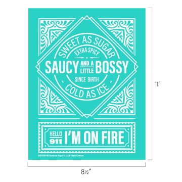 Show details for Sweet As Sugar Teal poster with white text and decorative patterns reads, "Sweet as Sugar, Extra Spicy, Saucy and a Little Bossy Since Birth, Cold as Ice. Hello 911 I'm on Fire." Size: 11" x 8.5".
