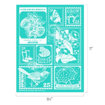 Show details for Spring Postage Turquoise sheet of various vintage-style postage stamp designs featuring strawberries, flowers, boots, a butterfly, a bird, an umbrella, and the text "Spring Seed Co.", "Grow", "Hippity Hoppity", "April Showers". Dimensions: 8.5" x 11".