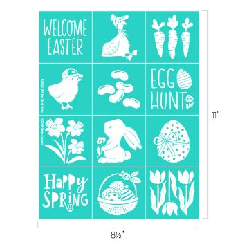 Show details for Egg Hunt Minis Grid of teal Easter designs includes "Welcome Easter," duck, carrots, chick, "Egg Hunt," decorated eggs, flowers, bunny, more eggs, "Happy Spring," basket with eggs, and tulips. Dimensions: 8.5" x 11".