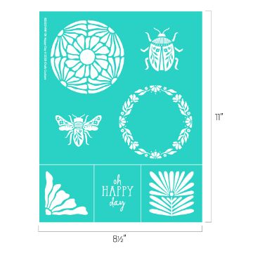 Show details for Oh Happy Day White stencil designs on a teal background include a floral circle, a beetle, a bee, a wreath, a leaf, and the text "oh HAPPY day." The dimensions are 8.5 inches by 11 inches.
