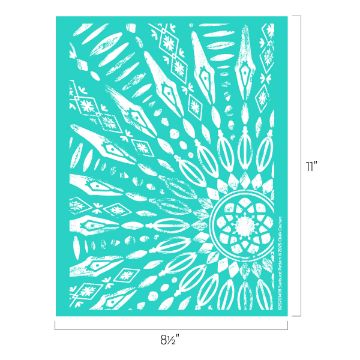 Show details for Sunburst Pattern A mandala-style design in white on a teal background, featuring geometric shapes and radiating patterns. The image covers a vertically-oriented rectangle measuring 8.5 x 11 inches.