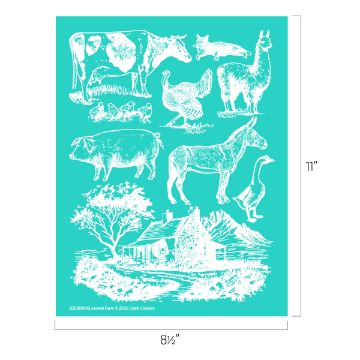 Show details for Animal Farm Illustration depicting various farm animals, including a cow, horse, sheep, llama, chickens, pigs, a goose, and a goat, with a farmhouse and tree in the background. Image dimensions are 8.5 by 11 inches.