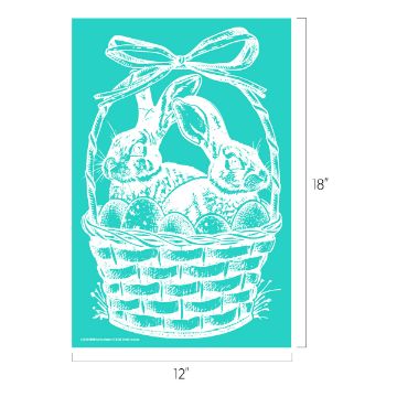 Show details for Bunny Basket Illustration of two rabbits inside a woven basket filled with Easter eggs, adorned with a large ribbon at the handle. The artwork is white on a turquoise background, with dimensions 12" by 18".