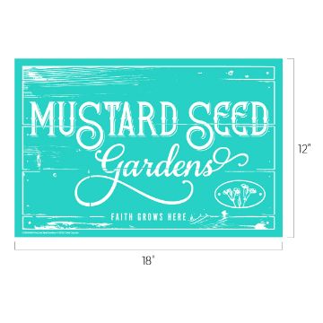 Show details for Mustard Seed Gardens Teal wooden sign with white text reading "Mustard Seed Gardens" and "Faith Grows Here." Also features a floral graphic. Dimensions are 18 inches wide by 12 inches tall.