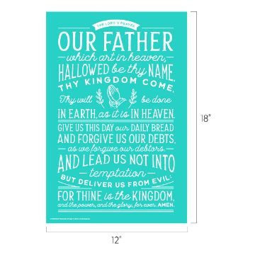 Show details for The Lord's Prayer Teal poster with white text displaying "The Lord's Prayer." Features a decorative illustration of praying hands in the center. Dimensions marked as 18 inches tall and 12 inches wide.