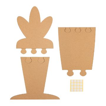 Show details for Carrot Leaner Pieces of a 3D cardboard stand-up cactus kit. The parts are designed to interlock and form a cactus shape. Small adhesive squares are included for assembly. The material is light brown and the pieces lie flat on a white background.