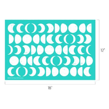 Show details for Moon Phases A turquoise rectangular stencil measuring 18 by 12 inches, featuring various moon phase cutouts arranged in rows.