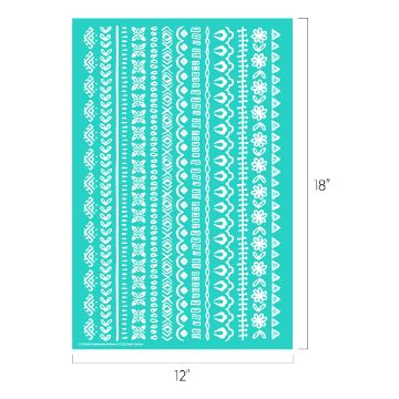 Show details for Watercolor Pattern A turquoise stencil sheet measuring 12 by 18 inches features various decorative patterns in white, including hearts, flowers, chevrons, dots, and geometric shapes arranged in vertical rows.