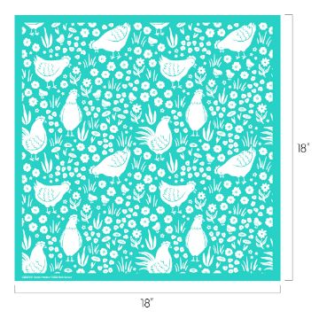 Show details for Chicken Meadow A square pattern measuring 18 by 18 inches features white chickens and various flowers on a teal background. The design is evenly spread with chickens facing different directions among the floral elements.