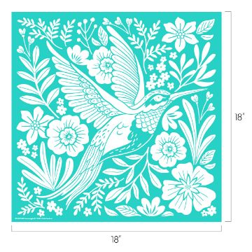 Show details for Hummingbird Illustration of a white hummingbird surrounded by various flowers and leaves on a turquoise square background. The image has dimensions labeled as 18 inches by 18 inches.
