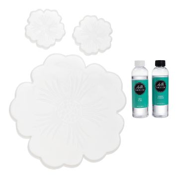Show details for Tropical Tray & Coasters Molds Bundle Three white flower-shaped resin molds in various sizes are next to two bottles of resin mixing solutions labeled "resin" and "hardener," both featuring turquoise labels.