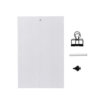 Show details for Clipboard Stand A plain white rectangular board is next to a small black metal clip, a white chalk stick, and a round black pushpin on a white background.