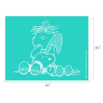 Show details for Peanuts - Cuddle Puddle A child with messy hair carrying a polka-dotted blanket and sucking their thumb stands beside a striped watermelon. The illustration is in white on a teal background, with dimensions noted: 6.5 inches wide by 4.5 inches tall.