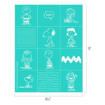 Show details for Peanuts - Classic Minis Teal grid with white sketches of cartoon characters and patterns. Includes a dog lying on its back, a bird with squiggly lines, a child with a "sigh" thought bubble, and various patterns like dots and zigzags. Dimensions: 8.5" x 11".