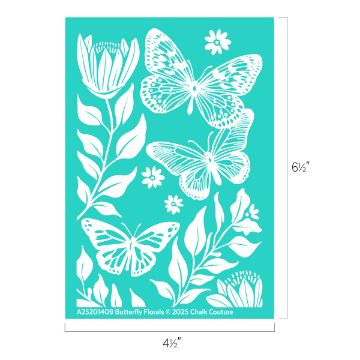 Show details for Butterfly Florals Turquoise stencil featuring white designs of three detailed butterflies and various floral elements, including leaves and flowers. Dimensions are labeled as 4½ inches wide by 6½ inches tall.