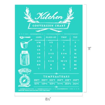 Show details for Kitchen Conversion Chart Teal kitchen conversion chart with illustrations of a measuring cup, jar, and bowl. Shows conversions in cups, fluid ounces, tablespoons, and teaspoons, plus baking temperatures from 250°F to 450°F. Chart dimensions are 8.5 x 11 inches.