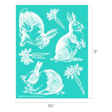 Show details for Bunny Trio Illustration of three white rabbits and three carrots on a teal background. The rabbits are in different poses: one crouched, one sitting upright, and one nibbling. The image is labeled with dimensions 11" x 8.5".