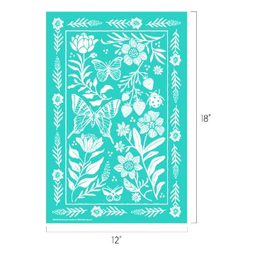 Show details for Butterfly Garden Turquoise stencil measuring 12 by 18 inches with white floral and nature-inspired designs, including butterflies, flowers, strawberries, and leaves, surrounded by a decorative border of leaves and small flowers.
