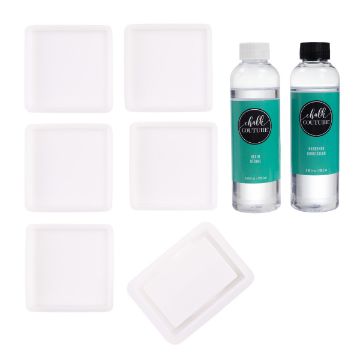 Show details for Square Coaster Set Bundle Six white square-shaped trays are arranged in two columns. Two bottles with turquoise labels are positioned to the right. The labels read "Chalk Couture," with one bottle labeled "Resin" and the other "Hardener.