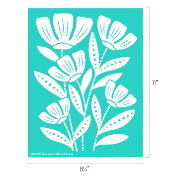 Show details for Spring Vibes A turquoise stencil featuring a floral design with six stylized flowers and dotted leaves. The dimensions are 8.5 inches by 11 inches.